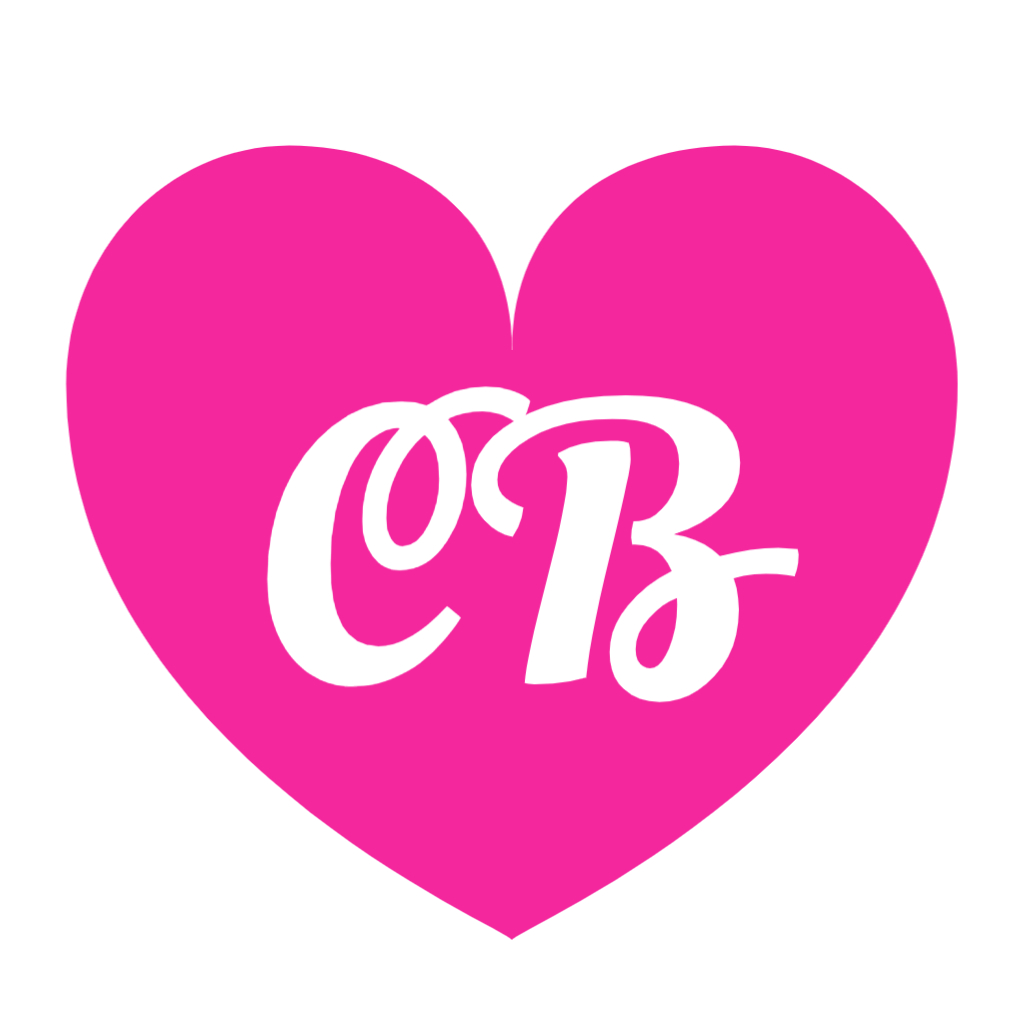 Dark pink heart with white CB initials. 